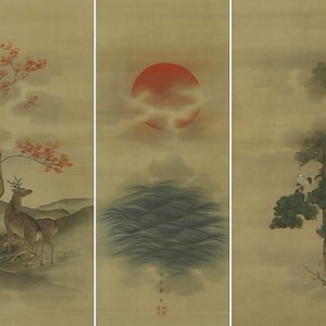 May include: A triptych of Japanese-style paintings on a cream background. The left panel depicts a deer under a tree with red leaves. The center panel shows a red sun and stylized waves. The right panel features a tree with birds.