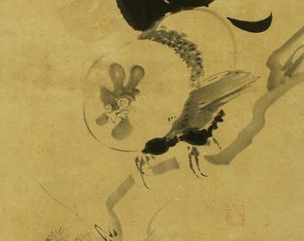 水墨画 掛軸 鳥 金箔装飾 アンティークな日本の掛け軸、水墨画の雄鶏、伊藤若冲の絵画、江戸時代