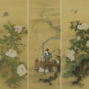 SET of Three Antique Japanese Wall Hanging Decor,Japan Hanging Scroll Painting,Antique Art,Antique Wall Decor,Flower Painting,Flower,R612182