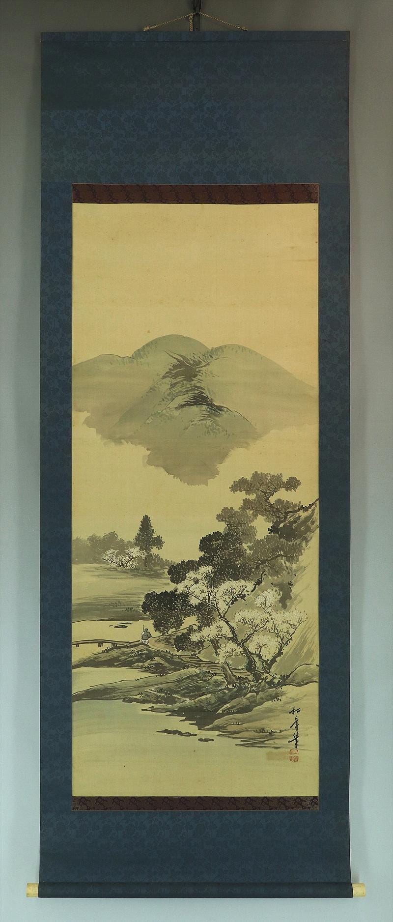 水墨画 掛軸 山と桜 水墨画 山水 山桜 桜 絵画 掛け軸 絵画 こたつ 通販 18972306｜Creema