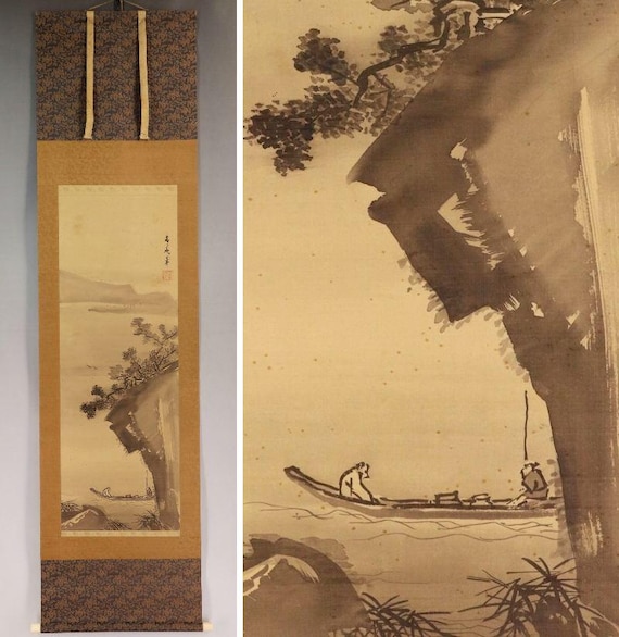 アンティークの日本の掛け軸絵画 水墨風景画、アンティークの日本の