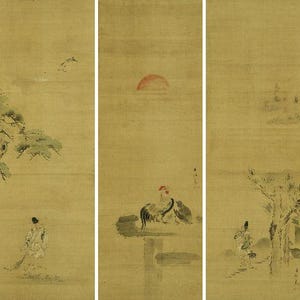 May include: A triptych of ink and wash paintings on a tan background. The left panel shows a figure in traditional attire near a pine tree. The centre panel features a rooster beneath a red sun. The right panel depicts a figure near a tree.