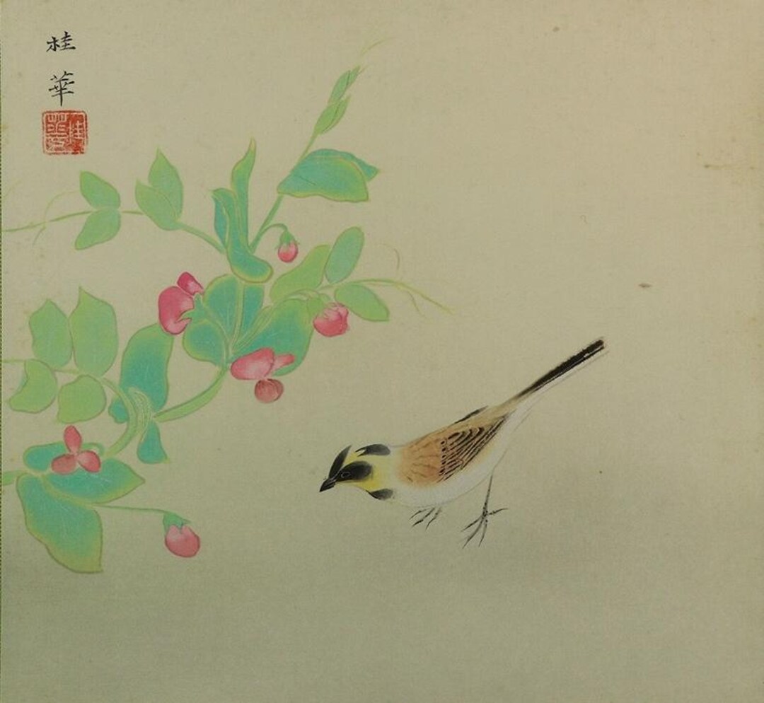 traditional Japanese絵画 花　サイン付き Vintage Japanese Framed Art, Japanese Wall Decor, Bird and Flower