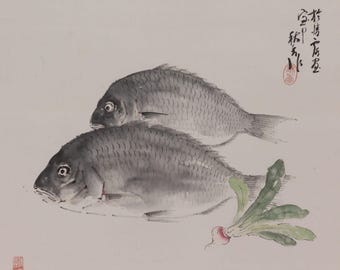 Vintage Japanese Wall Hanging Decor,Wall Art,Fish Wall Hanging,Japanese Painting,Fish Art, Fish Painting,Fish Hanging Scroll Art,R610123