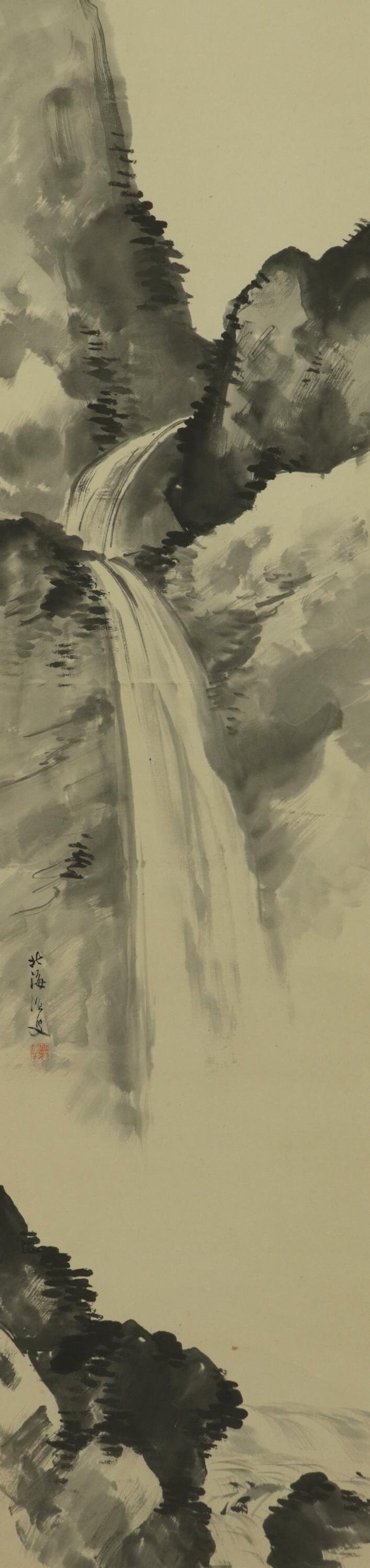 掛軸 滝と山の風景 水墨山水 水墨画 絵画 掛け軸 伝統山水 風景画 滝 絵画 こたつ 通販