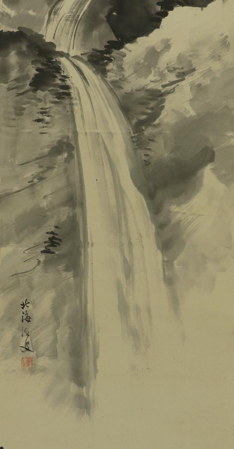 アンティークの日本の掛け軸、風景画、滝、山の絵、日本の掛け軸、水墨