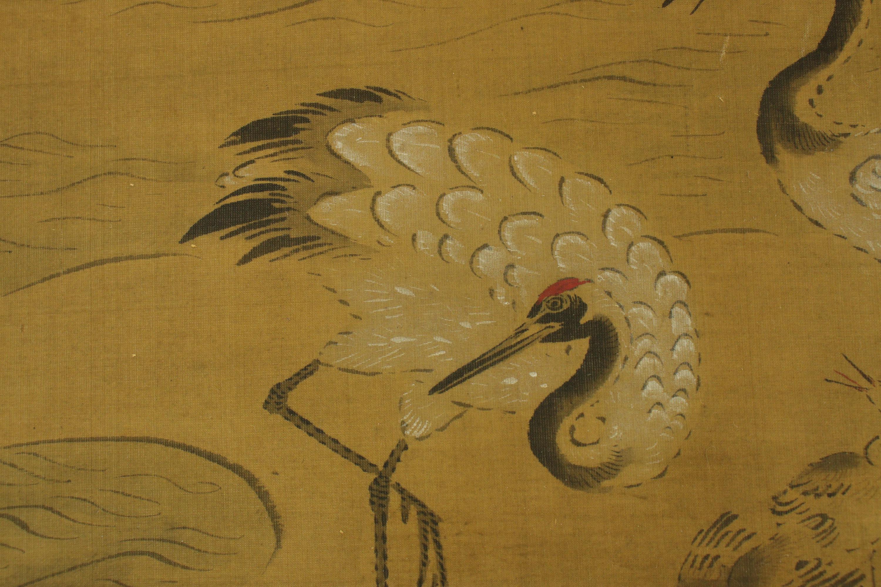 Antique Japanese Hanging Scroll Painting Crane and Plum Blossoms