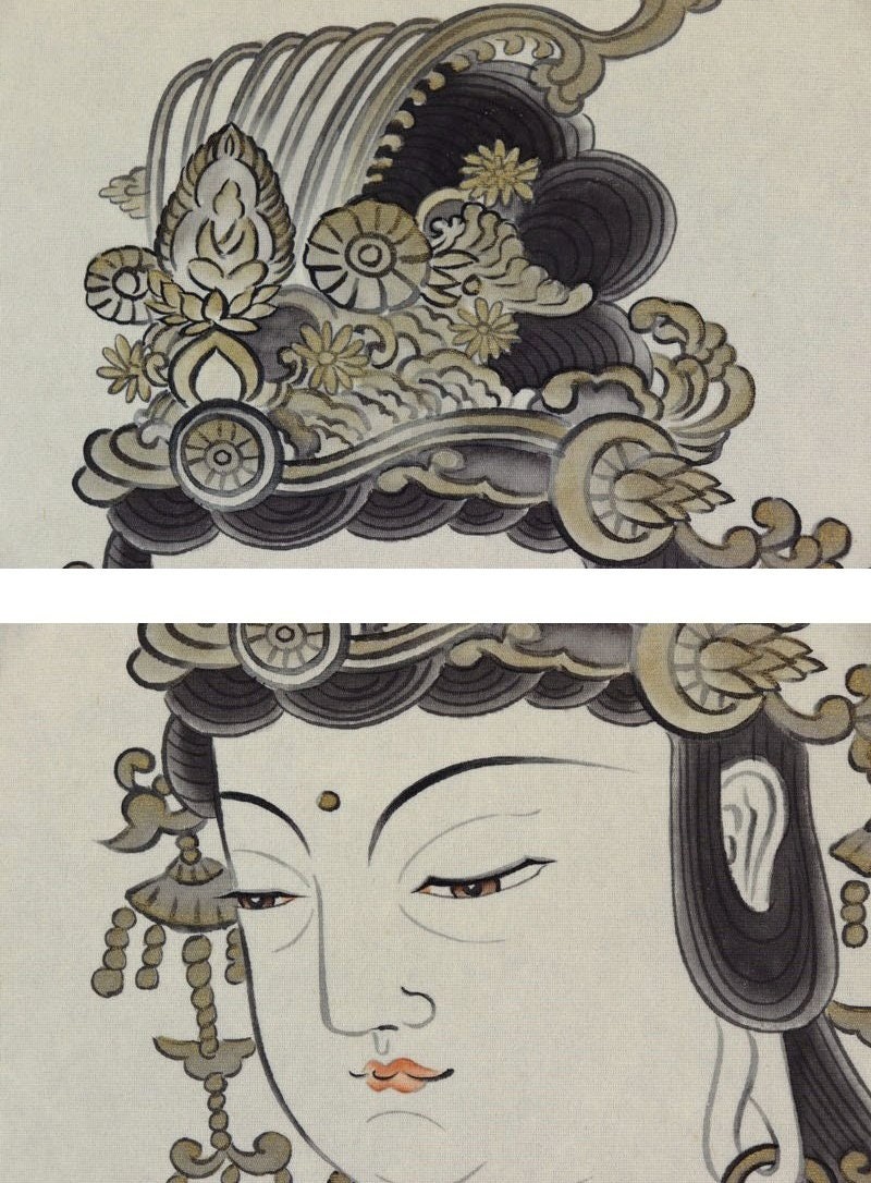 ヴィンテージ 日本製 掛軸 観音画 - シルクに描かれた観音菩薩の仏教