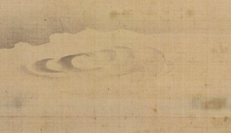 May include: Abstract artwork featuring a light beige background with a textured appearance. The image includes a stylized depiction of waves in shades of gray, suggesting a minimalist landscape or seascape.
