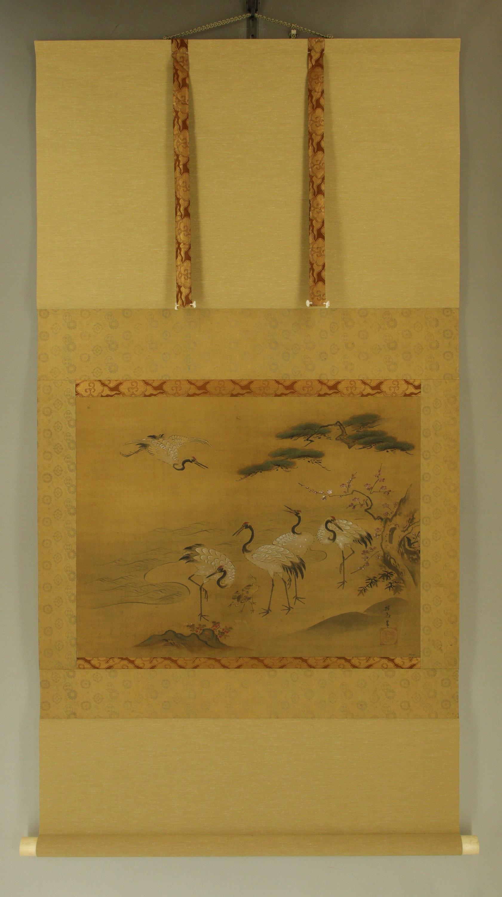 Antique Japanese Hanging Scroll Painting Crane and Plum Blossoms
