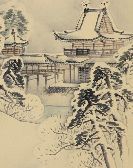 Antique Japanese Hanging Scroll, Temple in Snowy Winter Landscape
