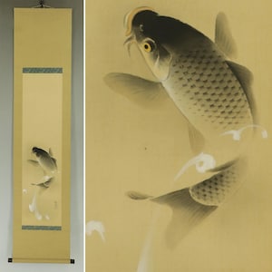 Vintage Japanese Wall Hanging Decor,Wall Decor,Jumping Carp,Koi Painting,Japanese Koi Art,Hanging Scroll Carp,Vintage Interior Decor,R75192