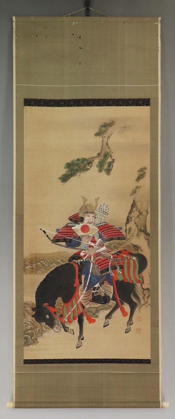 アンティークの日本の侍の黒馬乗馬画掛け軸、アジア美術 R67173 - Etsy