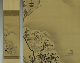 Antique Wall Decor Art,Japanese Hanging Scroll Painting,Landscape Painting,Antique Interior Wall Decor,Japanese Painting,Kakemono,R69271