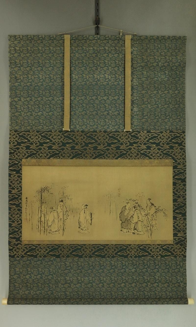 No3456掛軸　田代古崖　竹林七賢人図　着色絹本　合箱　日本画　古画　送料無料 No3456掛軸 田代古崖 竹林七賢人図 着色絹本 合箱 日本画 古画