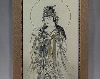 ヴィンテージ 日本製 掛軸 観音画 - シルクに描かれた観音菩薩の仏教