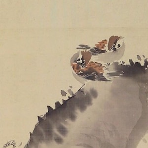 Vintage Wall Art Painting,Japanese kakejiku,Kakemono Scroll,Sparrows in the Plum Blossoom,Hanging Scroll Art,Bird and Flower,R72263