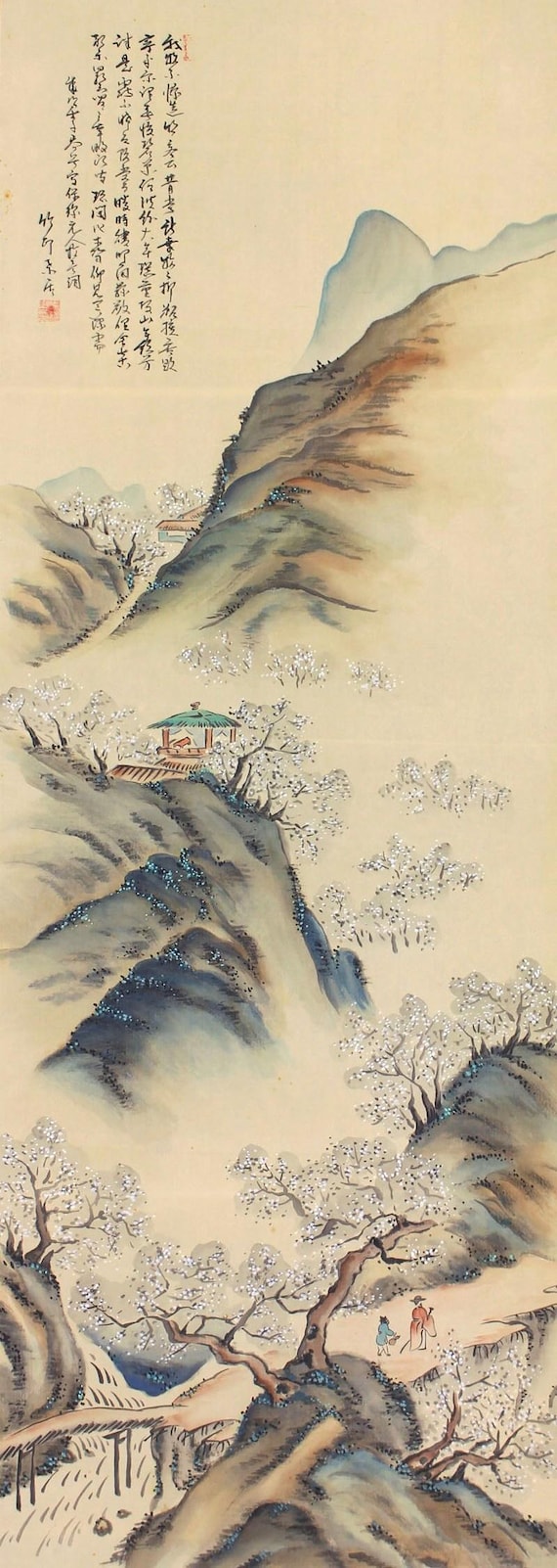 Vintage Hanging Scroll Painting Spring Mountain Landscape With