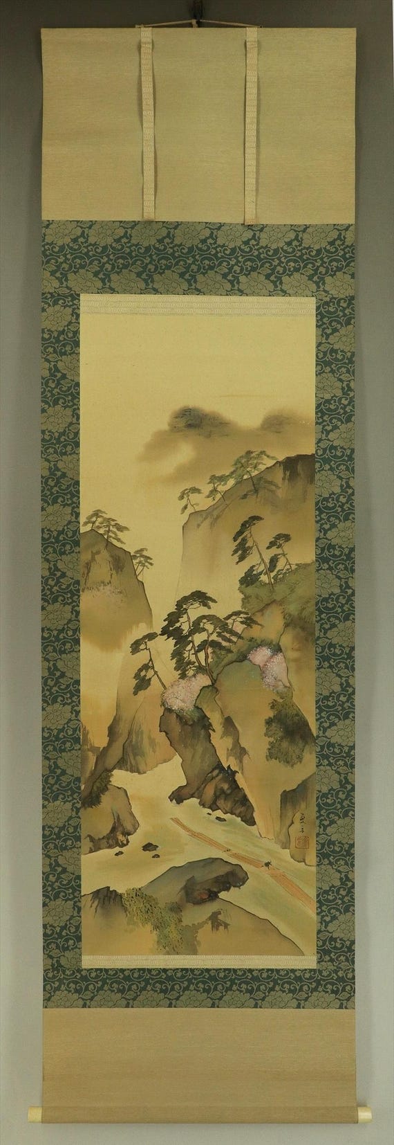 ヴィンテージ壁掛け装飾、風景画、壁飾り、風景画、桜の山と川、掛け軸