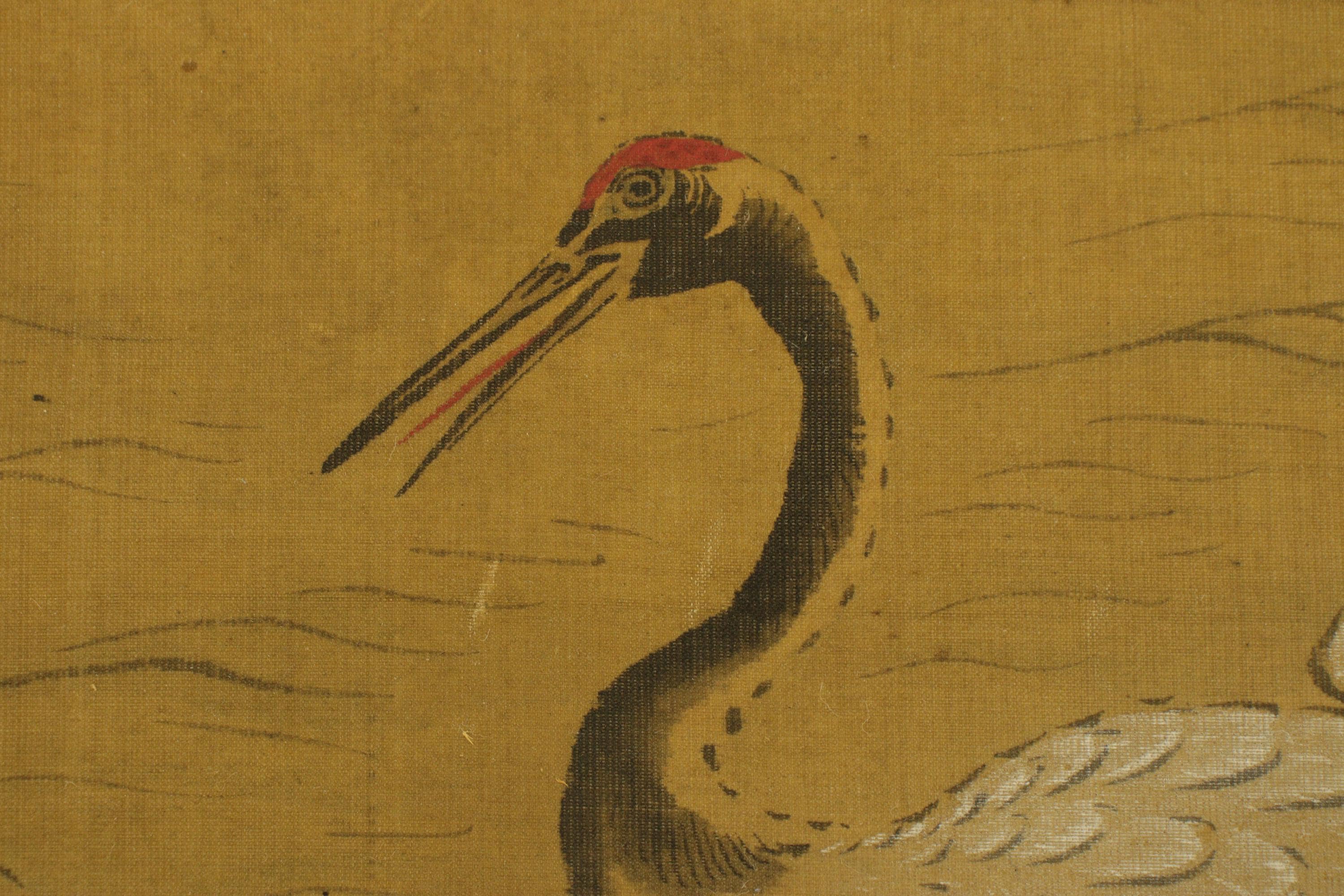 Antique Japanese Hanging Scroll Painting Crane and Plum Blossoms