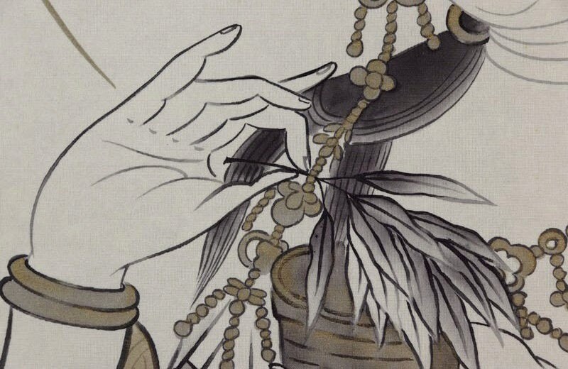 ヴィンテージ 日本製 掛軸 観音画 - シルクに描かれた観音菩薩の仏教