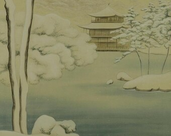 ヴィンテージ 日本の掛け軸 絵画 金閣寺 京都 雪景色 日本画 掛け軸