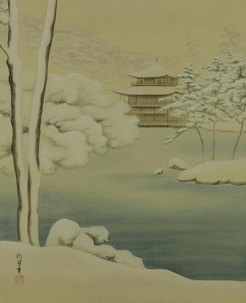 ヴィンテージ 日本の掛け軸 絵画 金閣寺 京都 雪景色 日本画 掛け軸
