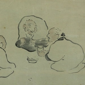 May include: A black and white ink painting depicting three figures in traditional Japanese clothing. The figures are seated and appear to be engaged in conversation. The painting is on a light beige background.