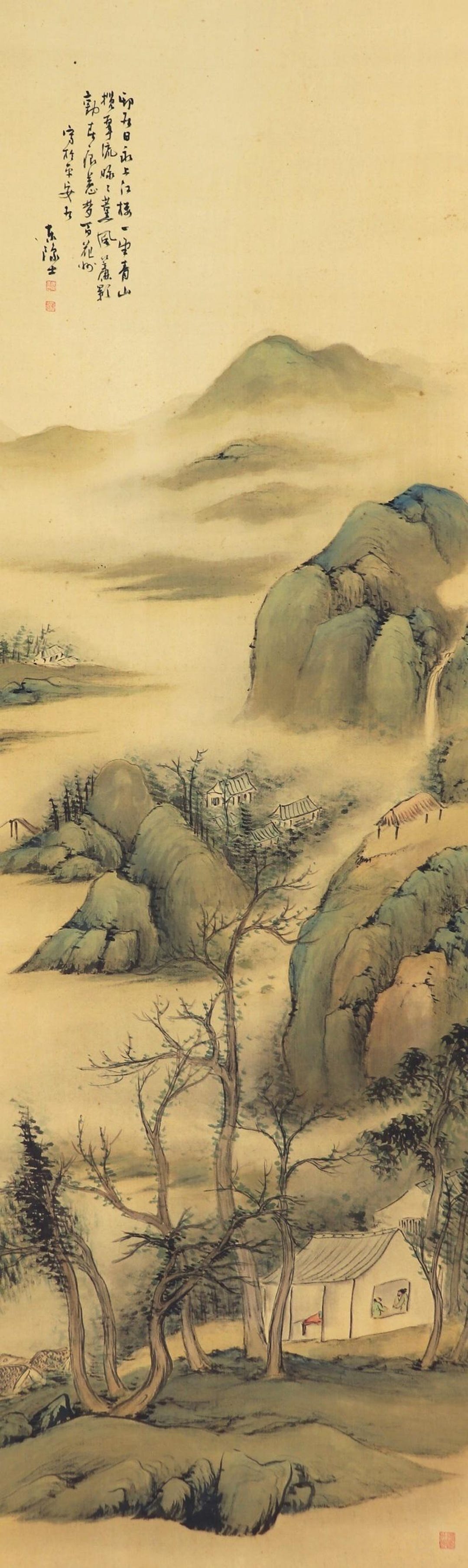 アンティーク/ヴィンテージ 日本の掛け軸 装飾画 風景画 美しい山水画