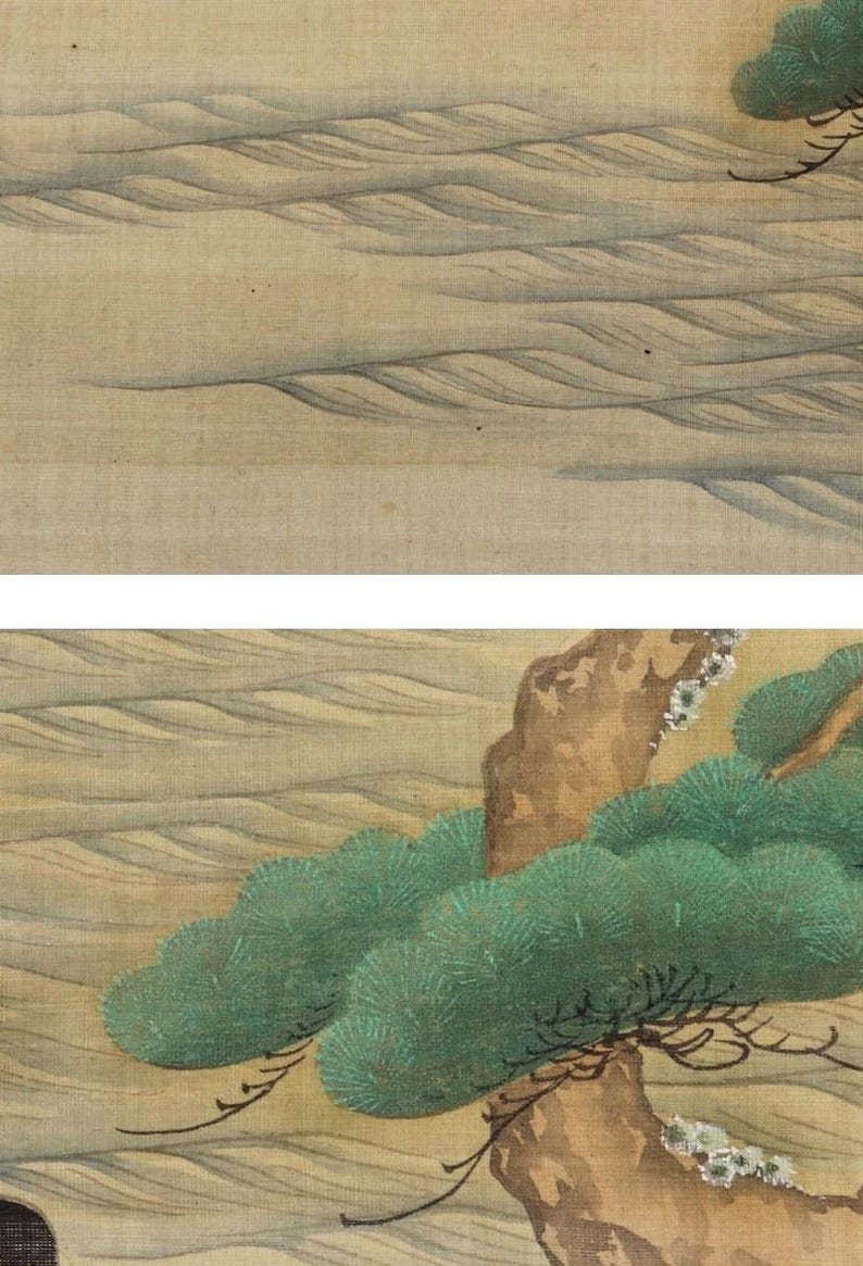 May include: A section of a traditional Japanese painting on a textured, beige background. The artwork depicts stylized waves and green pine trees with brown trunks and branches. The painting has a serene and natural aesthetic.