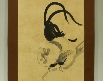 アンティークな日本の掛け軸、水墨画の雄鶏、伊藤若冲の絵画、江戸時代