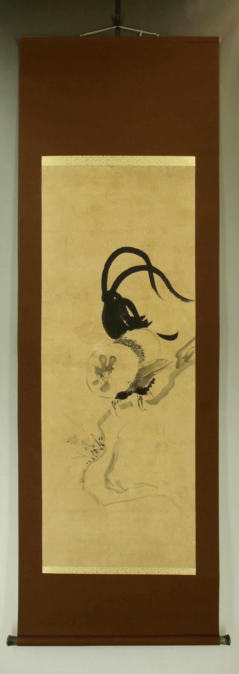 アンティークな日本の掛け軸、水墨画の雄鶏、伊藤若冲の絵画、江戸時代