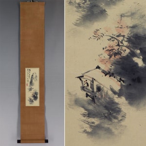 Vintage Hanging Scroll Painting,Landscape,Beautiful Mountains,Japanese Fine Art,Ink Painting,Kakemono Scroll,Japanese Nanga Painting,R5743