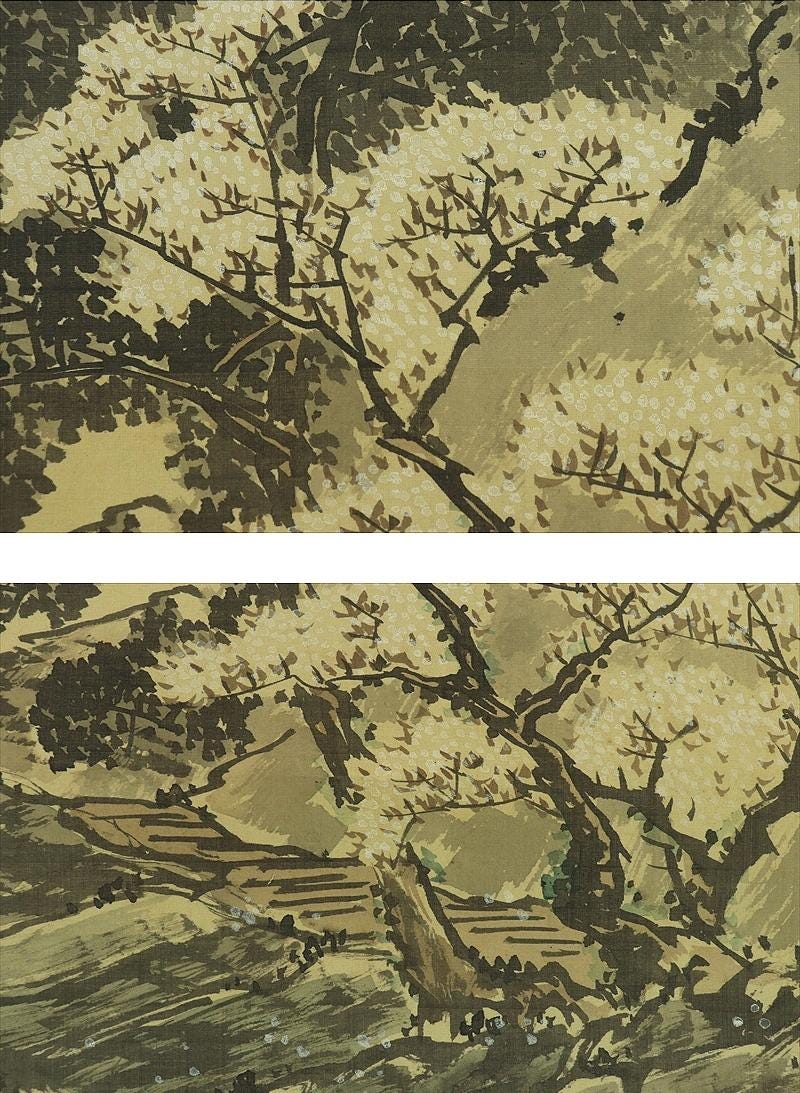 アンティーク 掛軸 桜と水墨画 春の風景画 墨絵 風景画 明治期 日本