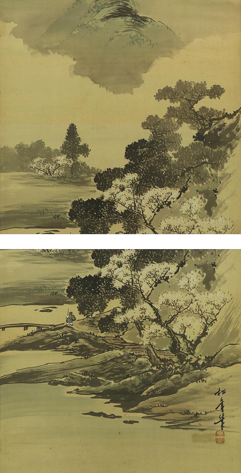 Antique Japanese Hanging Scroll, Ink Wash Spring Landscape With