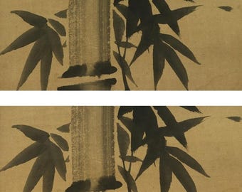 アンティーク掛け軸、水墨竹画、掛け物、竹と雀、禅美術、日本の骨董品