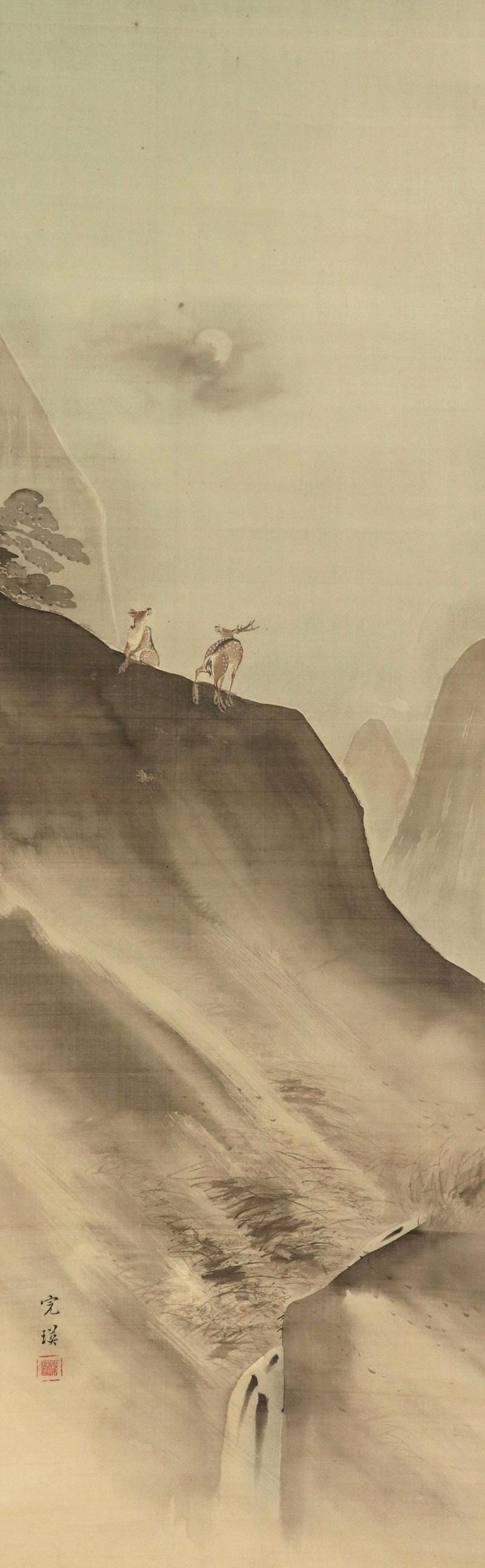 アンティークな日本の壁飾り、壁掛け装飾、鹿の絵、鹿アート、日本の