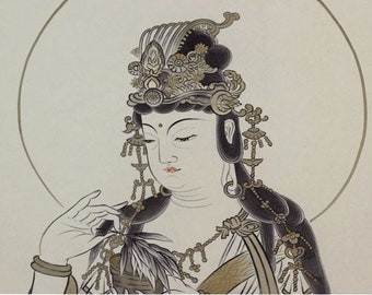 ヴィンテージ 日本製 掛軸 観音画 - シルクに描かれた観音菩薩の仏教