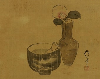 Antique Japanese Wall Hanging Decor,Wall Painting,Wall Art,Raku Tea Bowl and Camellia,Tea Ceremony,Japanese Scroll,Hanging Scroll,R66122