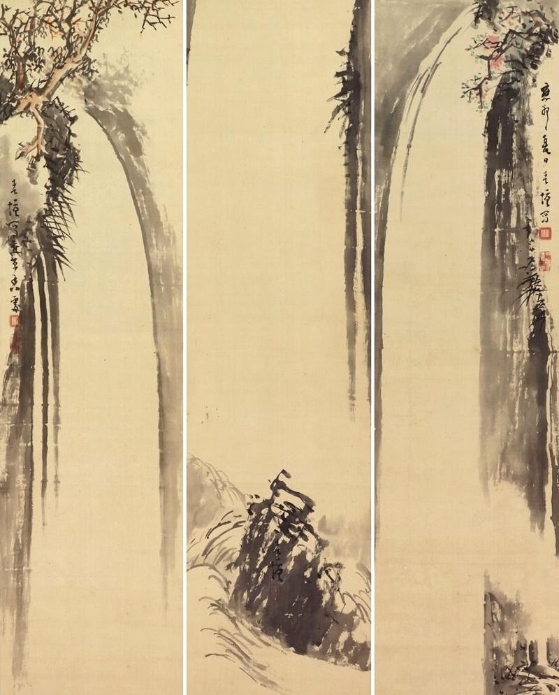 Vintage Japanese Wall Art Mountain Waterfall Triptych Scroll