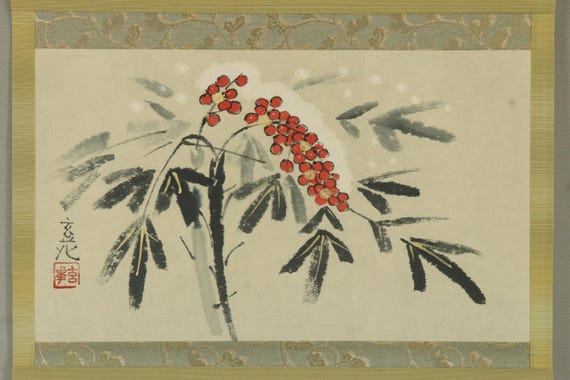 やっちゃん絵画2点 短い壁掛け掛け軸、ミニチュア掛け軸絵画、ヴィンテージ日本掛け軸絵画