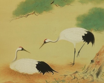 Vintage Japanese Silk Scroll Painting, Cranes Pine Art, Kakejiku Wall Decor Kakemono Hanging Scroll Art Asian Wall Decor R751