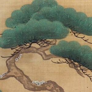 May include: A detailed painting of a pine tree branch with green foliage and a brown trunk. The background is a light tan color. The artwork has a traditional Asian aesthetic.