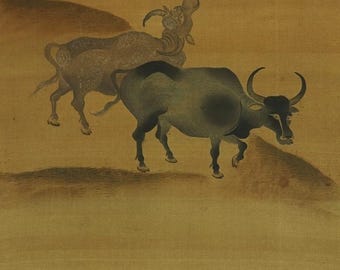 ペアアンティーク日本の壁アート、馬と牛の絵画、アジアの掛け軸セット