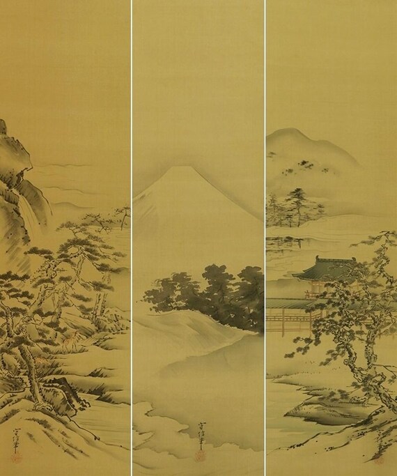 アンティークの日本の掛け軸絵画セット、掛け軸、日本の掛け軸、風景画
