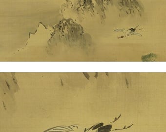 一対のアンティーク日本掛け軸絵画 鶴、亀、松の木 掛け軸絵画 アジア