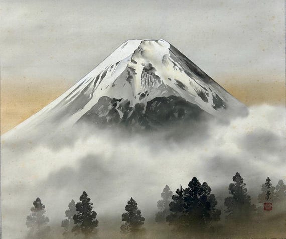 Vintage Mt. Fuji Silk Painting, Japanese Hanging Scroll, Nihonga
