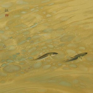 May include: An artistic depiction of two fish swimming in a stream. The water has a yellow and light blue color with a textured appearance. The fish are slender and have a silver hue, with a darker stripe along their backs. There is Japanese text in the upper left corner.