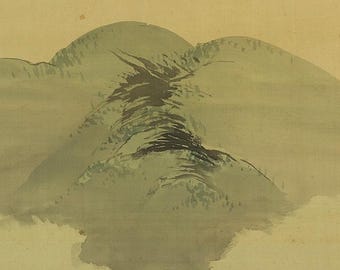 アンティーク 掛軸 桜と水墨画 春の風景画 墨絵 風景画 明治期 日本