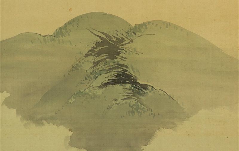 アンティーク 掛軸 桜と水墨画 春の風景画 墨絵 風景画 明治期 日本